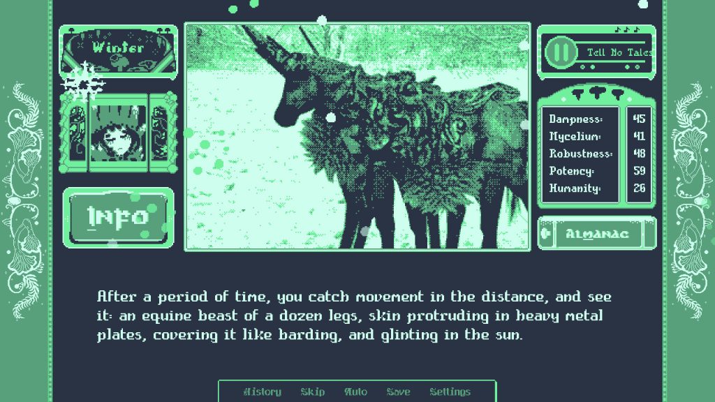 view of a horse thing and text saying "After a period of time, you catch movement in the distance, and see it: an equine beast of a dozen legs, skin protuding in heavy metal plates, covering it like barding, and glinting in the sun"