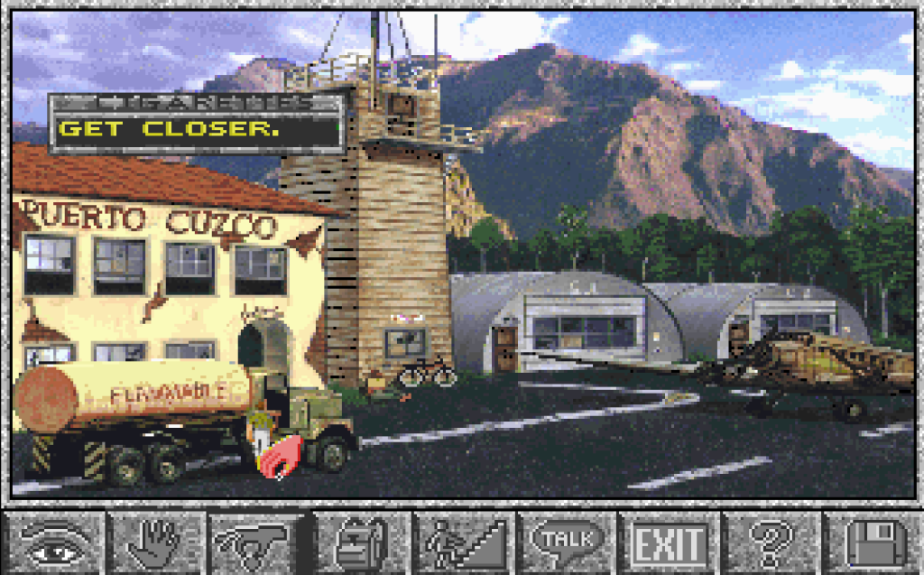 view of an airport with a guy standing next to a pixel and message saying "get closer"