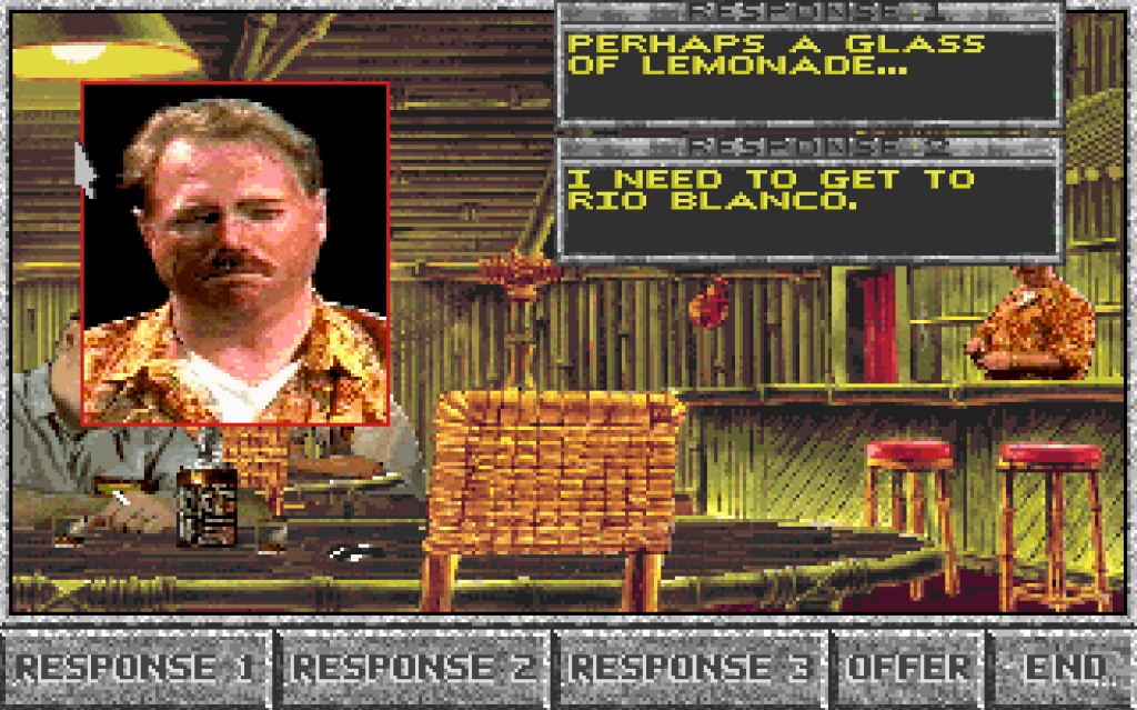 a photo of a sweaty man and two dialog options "perhaps a glass of lemonade" and "I need to get to rio blanco."