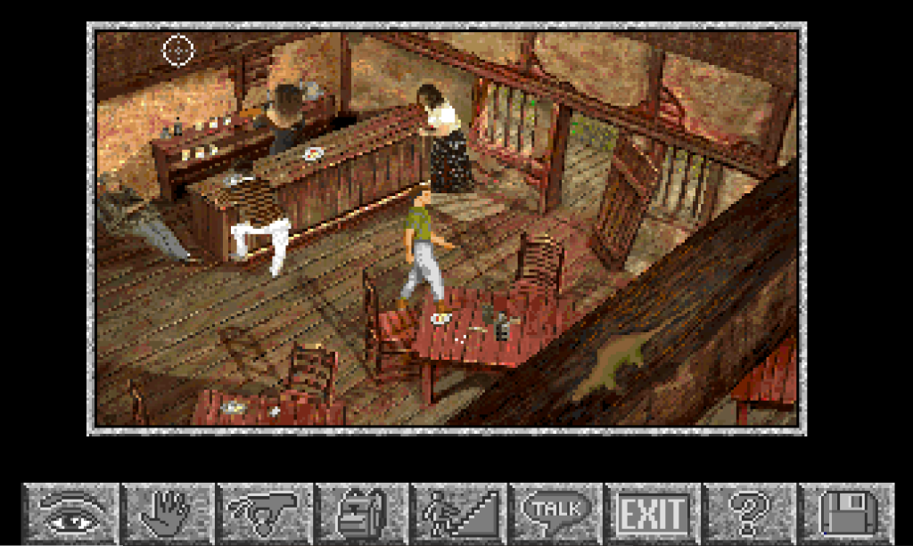 isometric view of a man standing on a table in a bar