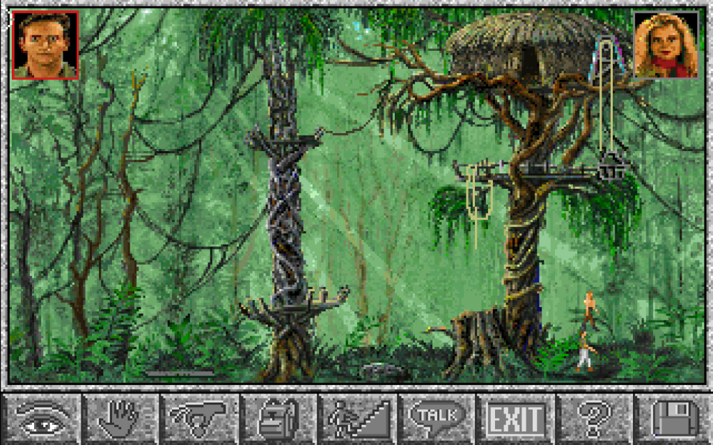 side view of two people in the jungle with a woman standing on top of a man