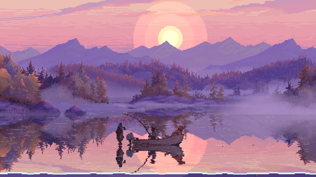 a person fishing in a lake in the woods at sunset or sunrise. Their dog is sitting in the boat
