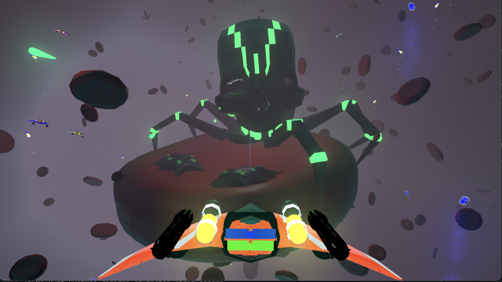 a ship flying towards a red blood cell that has a giant robot on it with a human skull for a head