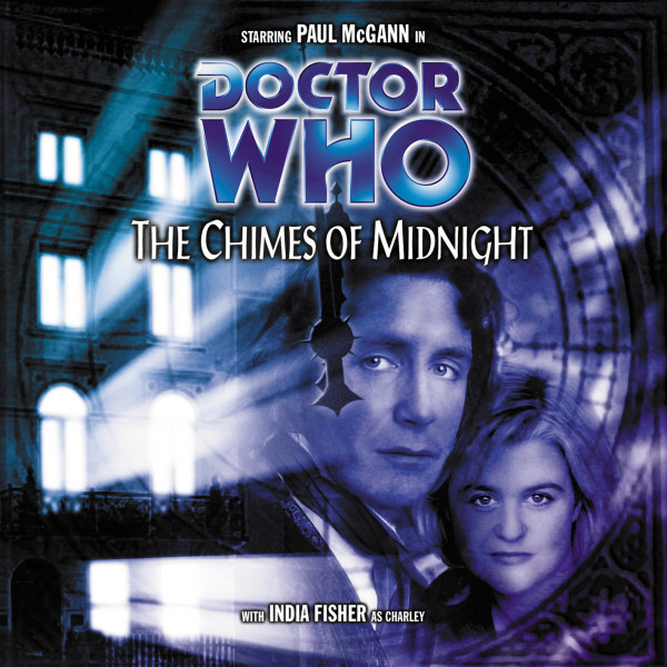 cover of Doctor Who: The Chimes of Midnight showing the doctor and a woman in front of a clock and a glowing building