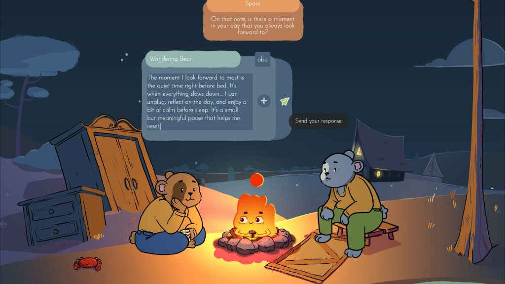 two bears sitting by a fire, talking, and one saying how the moment they like most is the quiet time before bed