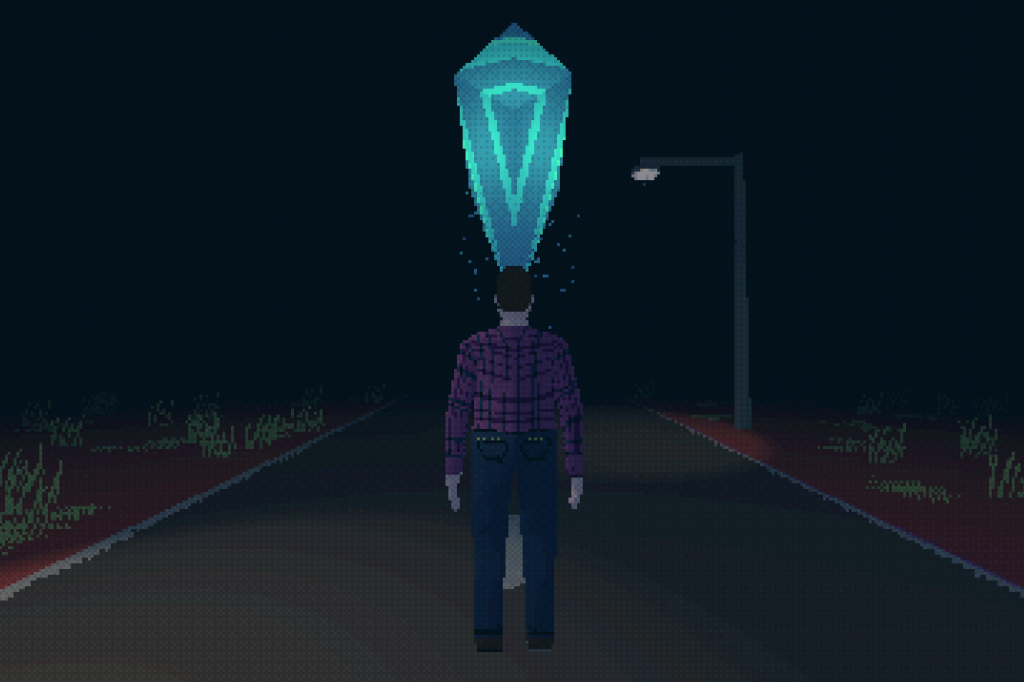 a person looking at a large floating crystal in the middle of the road