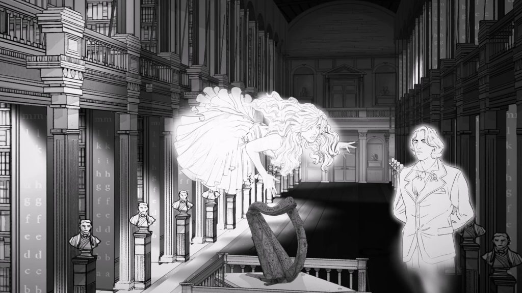 the ghost of oscar wilde talking to another ghost in a big library