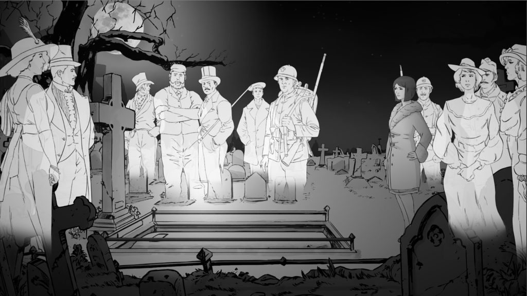 ghosts standing around a grave
