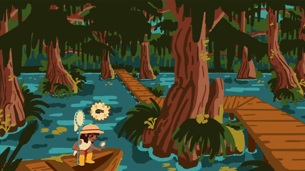 a girl in a swamp on a boat with a net looking for bugs