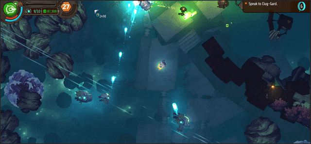 top down view of a space ship shooting at other space ships