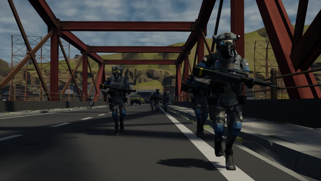 soliders marching down a bridge in front of a mountain