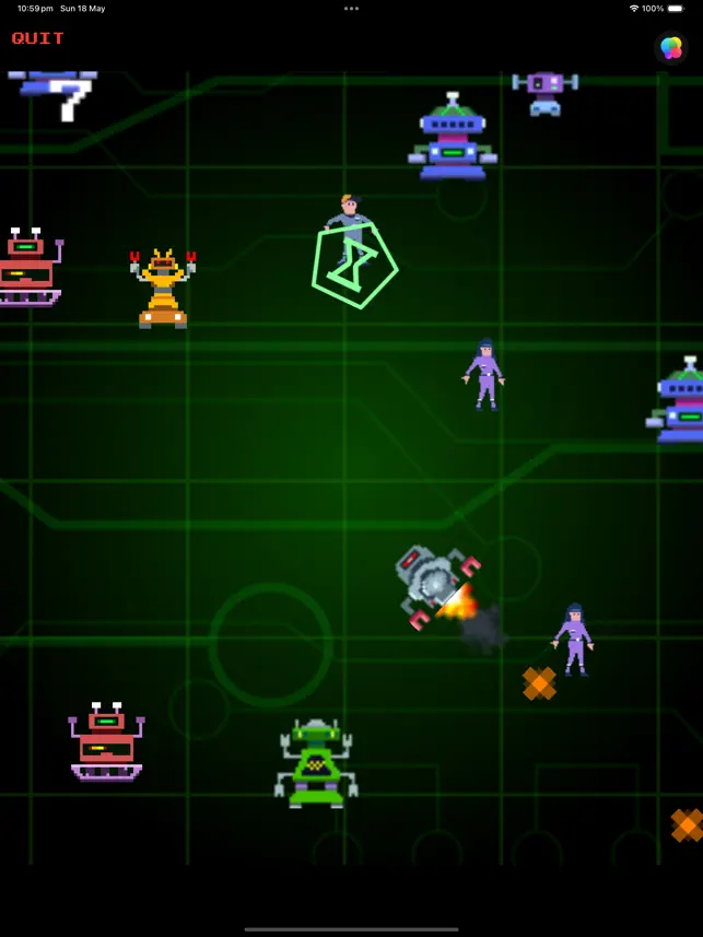 top down view of robots flying around a screen