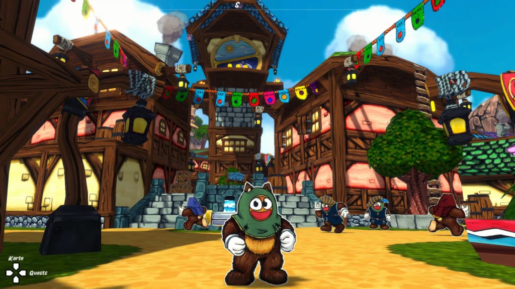 a smiling bear creature standing in front of a town