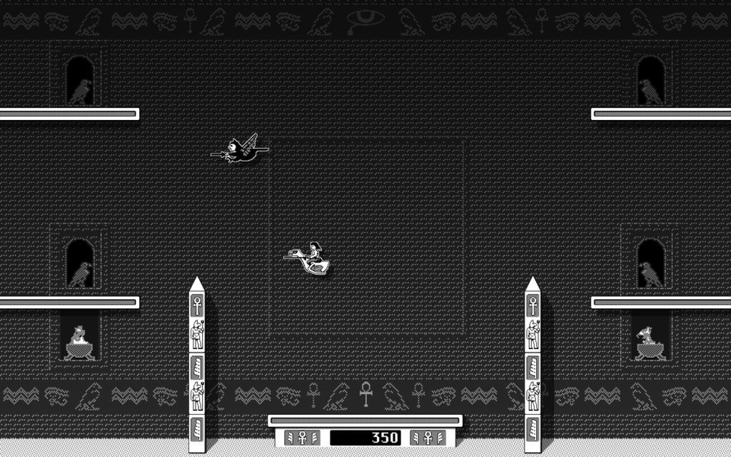 screenshot of two birds flying in a room with egyptian art
