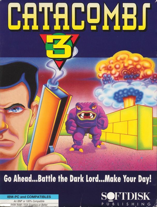 box art for catacomb 3d showing a guy holding a gun and a monster