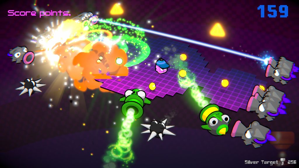 a little purple guy on a board dodging rockets and lasers