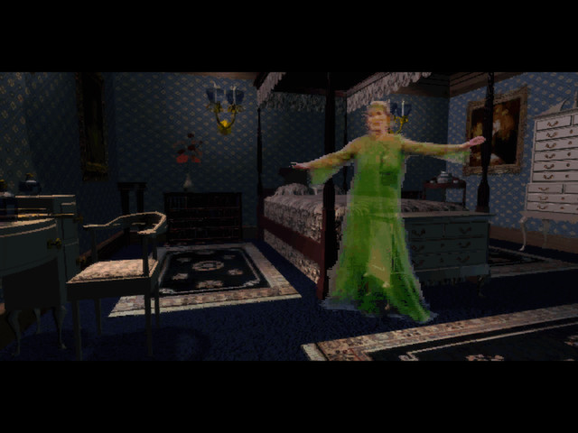 a ghost wearing a green dress in a bedroom