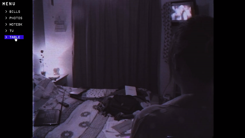 photo of a room with a woman in it and a messy bed with a menu of things to look at on the left side