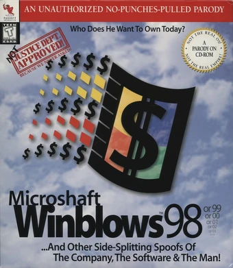 the cover of the game Microshaft Winblows 98, which shows the windows logo with a dollar sign