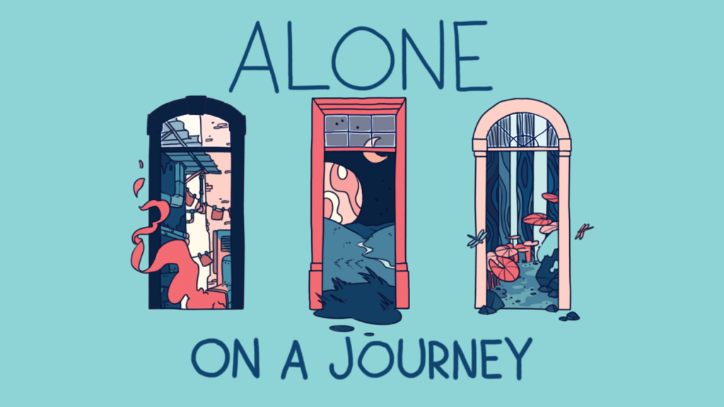 cover of Alone on a Journey, showing windows to a city, a view of space, and a forest
