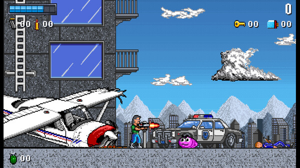 guy with a mustache shooting at a blob