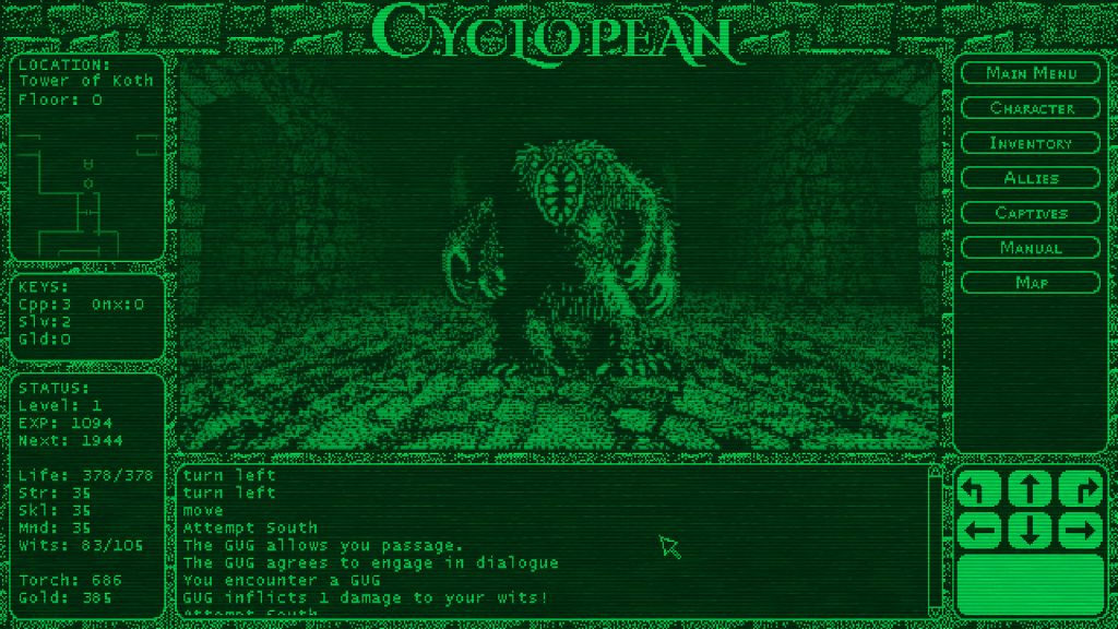 screenshot from cyclopean of a first person view looking at a monster with sharp teeth and four arms