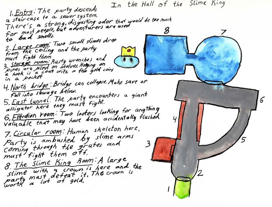 view of a pretty straightforward dungeon for tabletop rpgs called In the Hall of the Slime King, it has some halls and a couple rooms, each in a different color