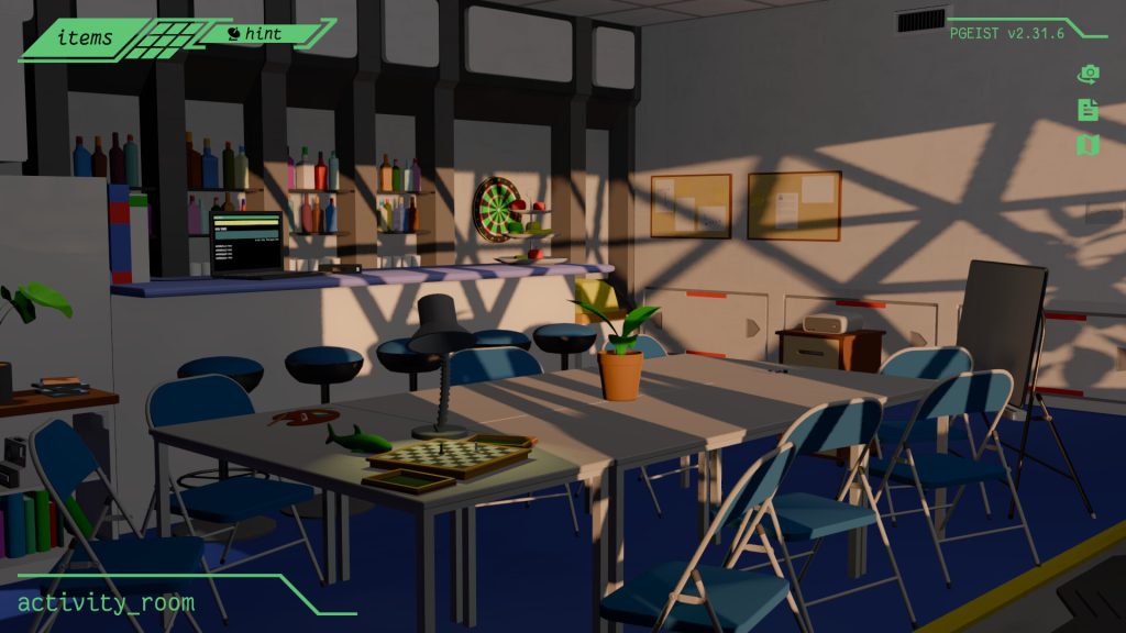 a view of an empty room with a table, dartboard, and bottles on a shelf