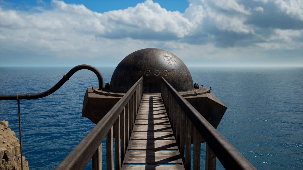 bridge leading to a metal dome over the water