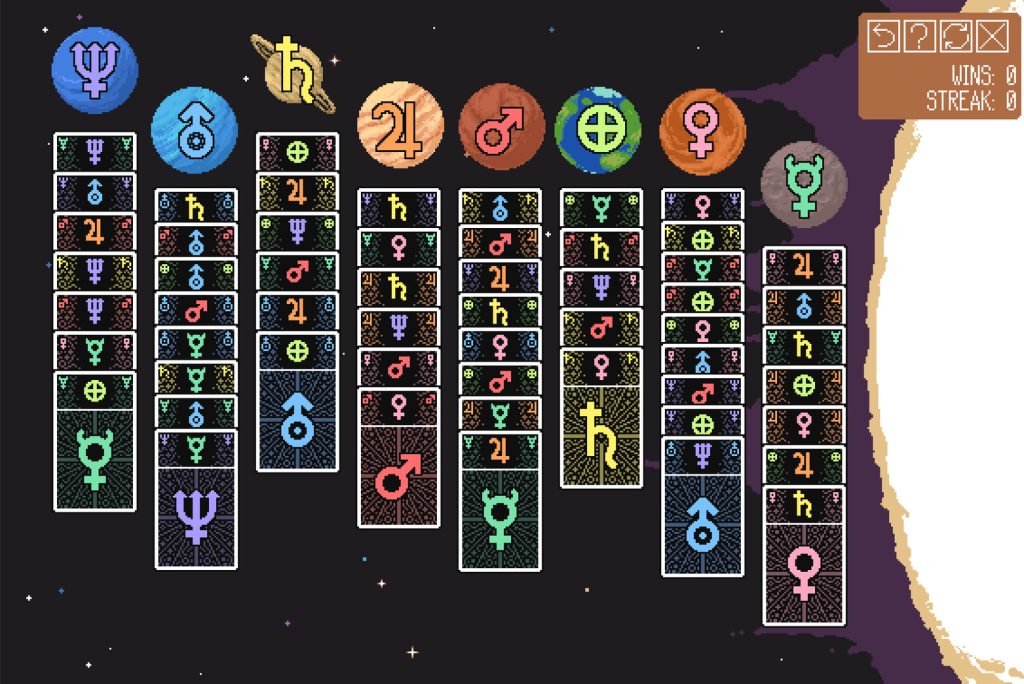 decks of cards with symbols and planets above them