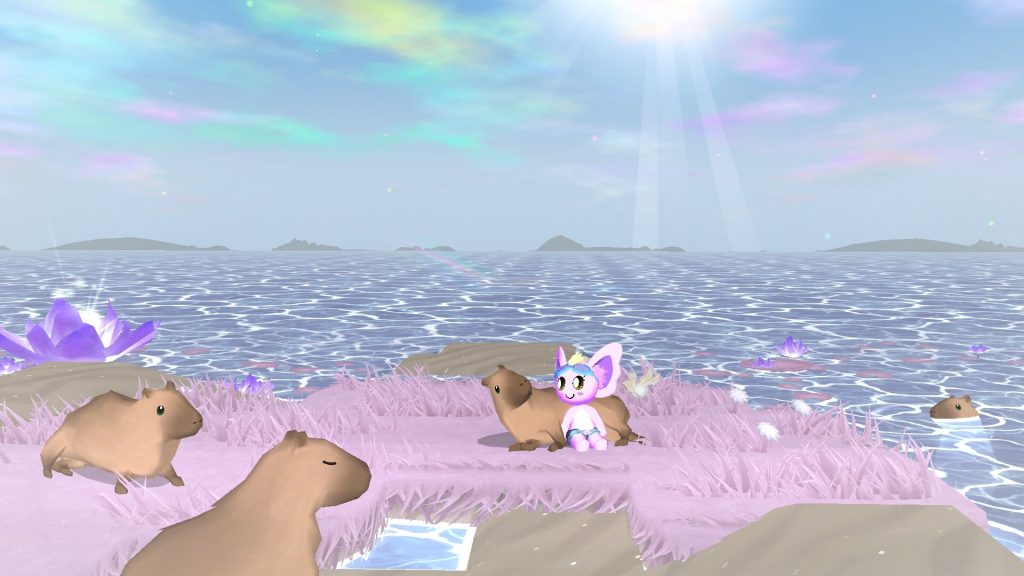 screenshot from sunfluffs of someone laying on a capybara by the sea