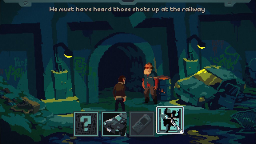 screenshot from the drifter of a man talking to another man outside of a tunnel