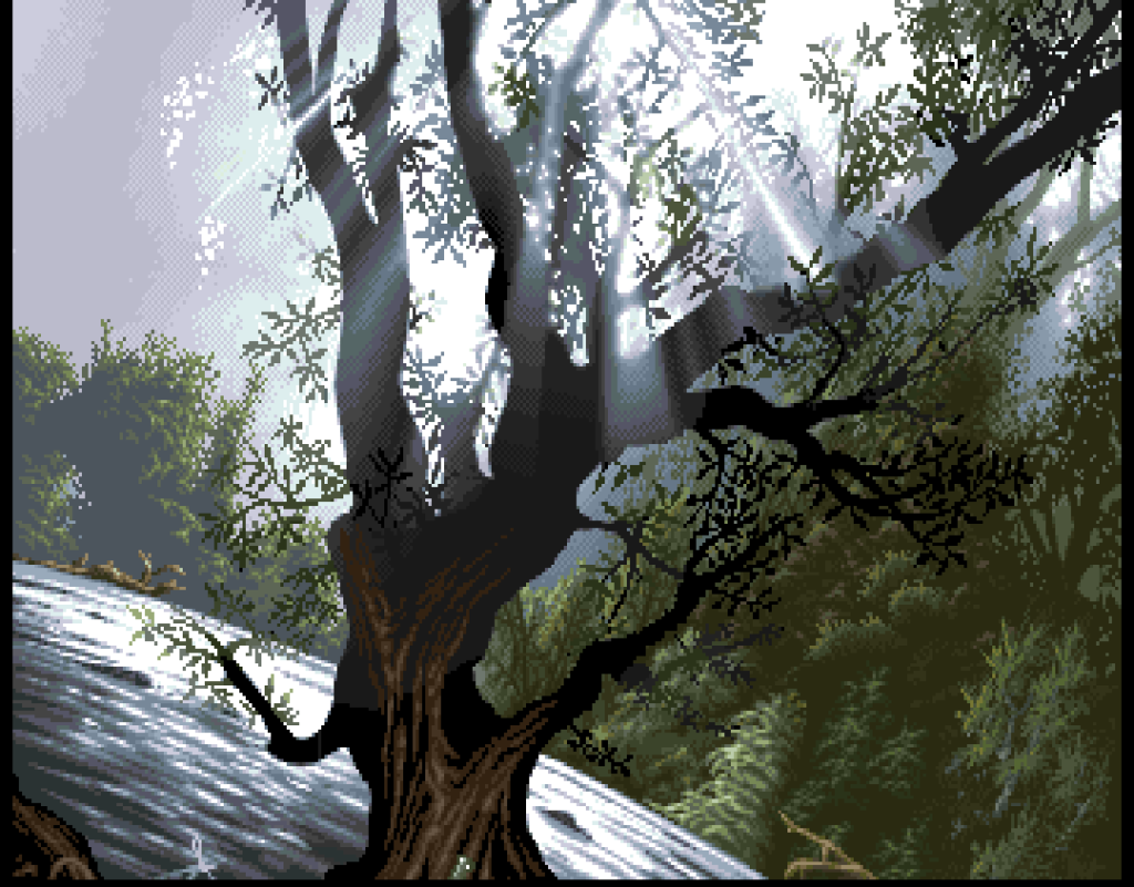 art of a tree next to the water with rays of sun peeking through the branches