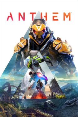 box art for anthem showing images of a person in a robot suit on a planet