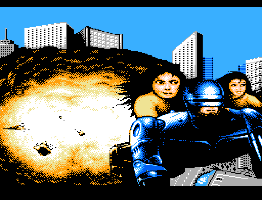 Robocop flying from an exploding building while wearing a jetpack, and a woman and girl are holding onto him.