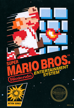 box art for the US release showing Mario running and shooting a fireball