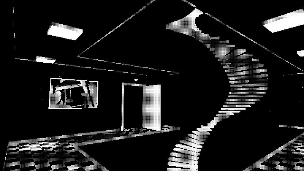 1 bit art of an open door and a spiral staircase