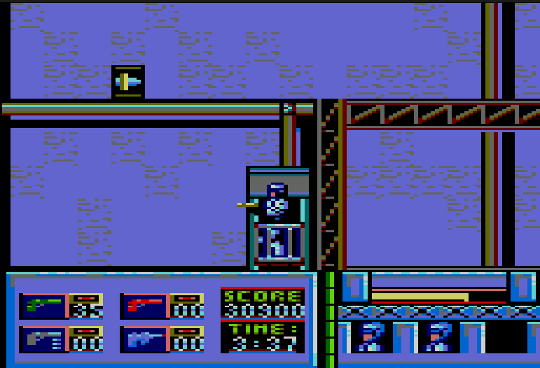 a 2D view of robocop riding an elevator