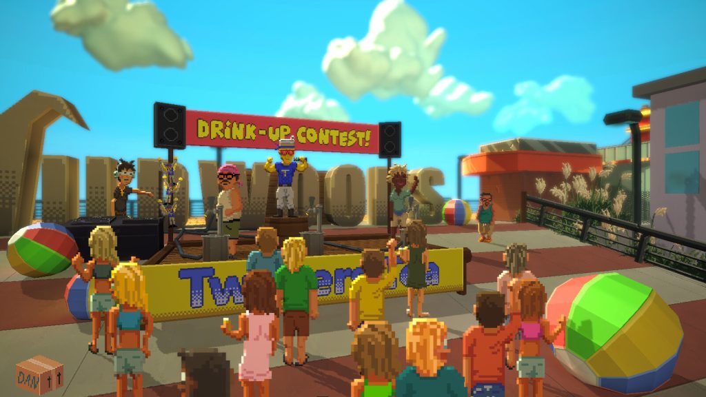 people crowding around something called a "drink-up contest"