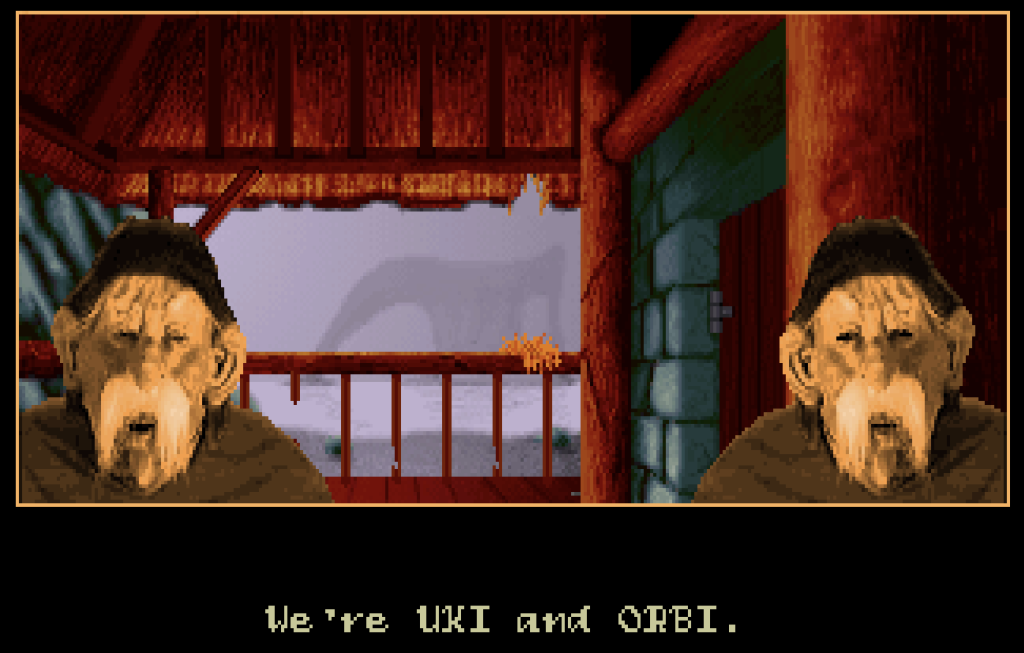two weird humanoids with giant mustaches saying "We're UKI and ORBI"