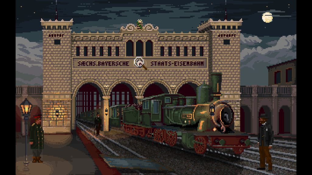 a few people standing at a trainstation in the late 1800s at night