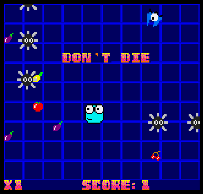 top down view of a little blue guy surrounded by spiky enemies and text saying "Don't die"