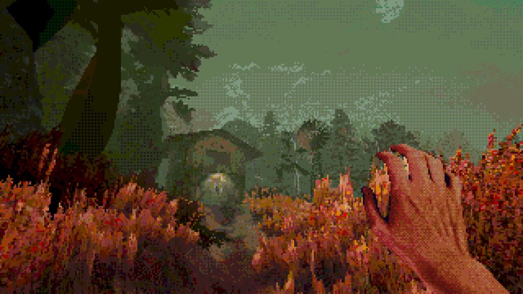 first person view of someone in a field and their hand sticking out