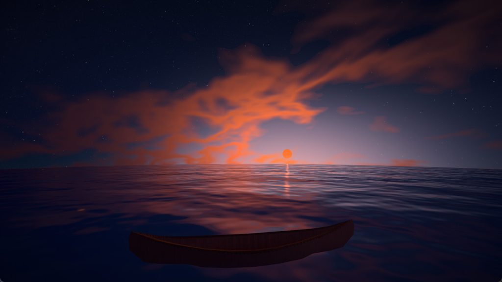 a canoe sitting on a lake at sunset