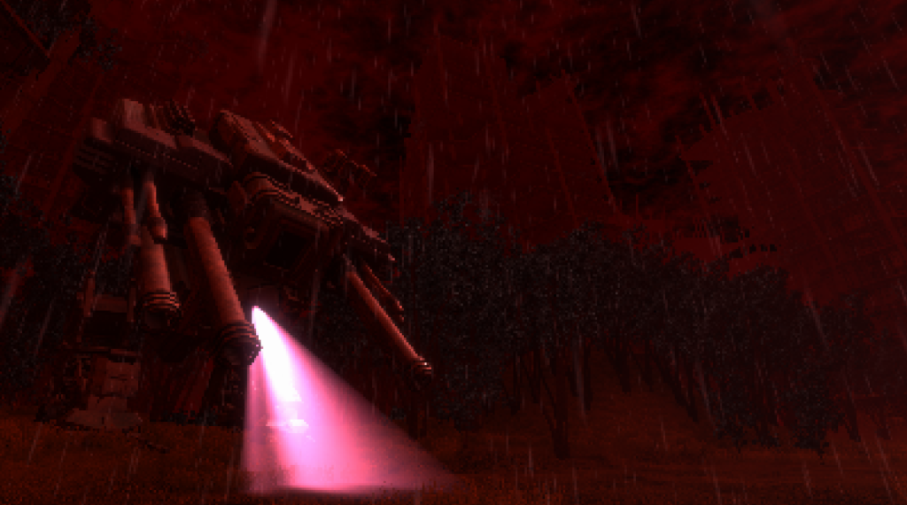 an inactive mech in the rain at night