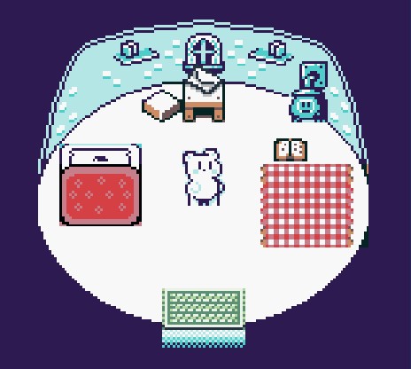 a polar bear standing in a bedroom
