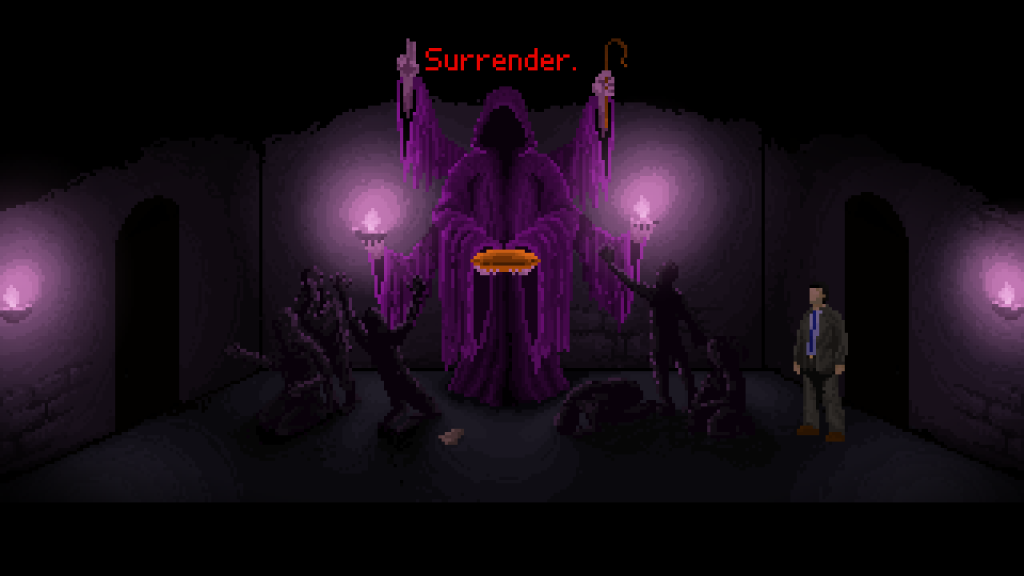 a big purple hooded figure telling a man to surrender