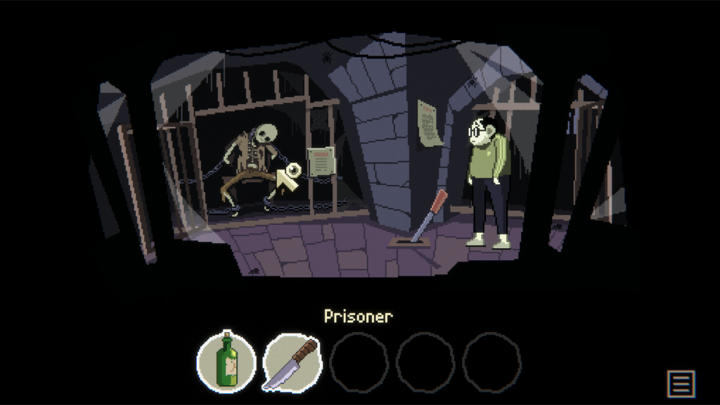 a guy standing in a prison with a skeleton