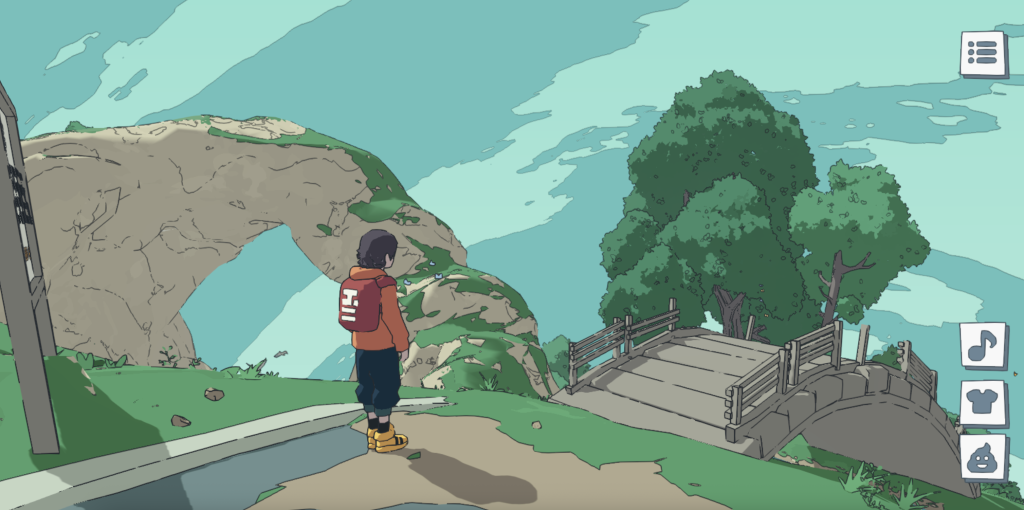 a person looking at a bridge and tree on a sunny day