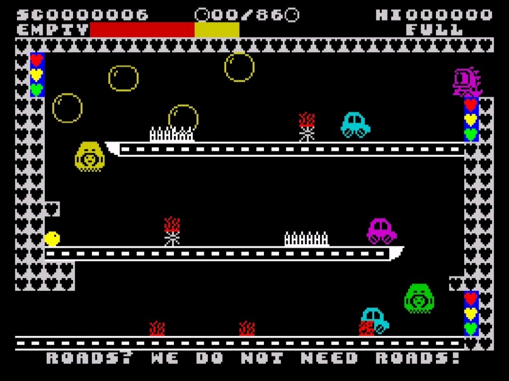 a dragon character looking at a series of floors with obstacles like spikes and cars